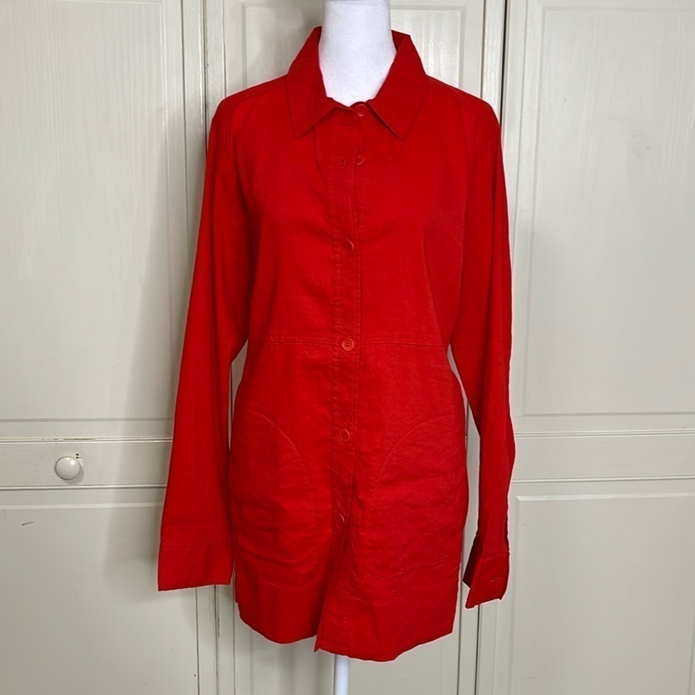 EILEEN FISHER Women's Red Button Down Linen Tunic With Pockets Size S